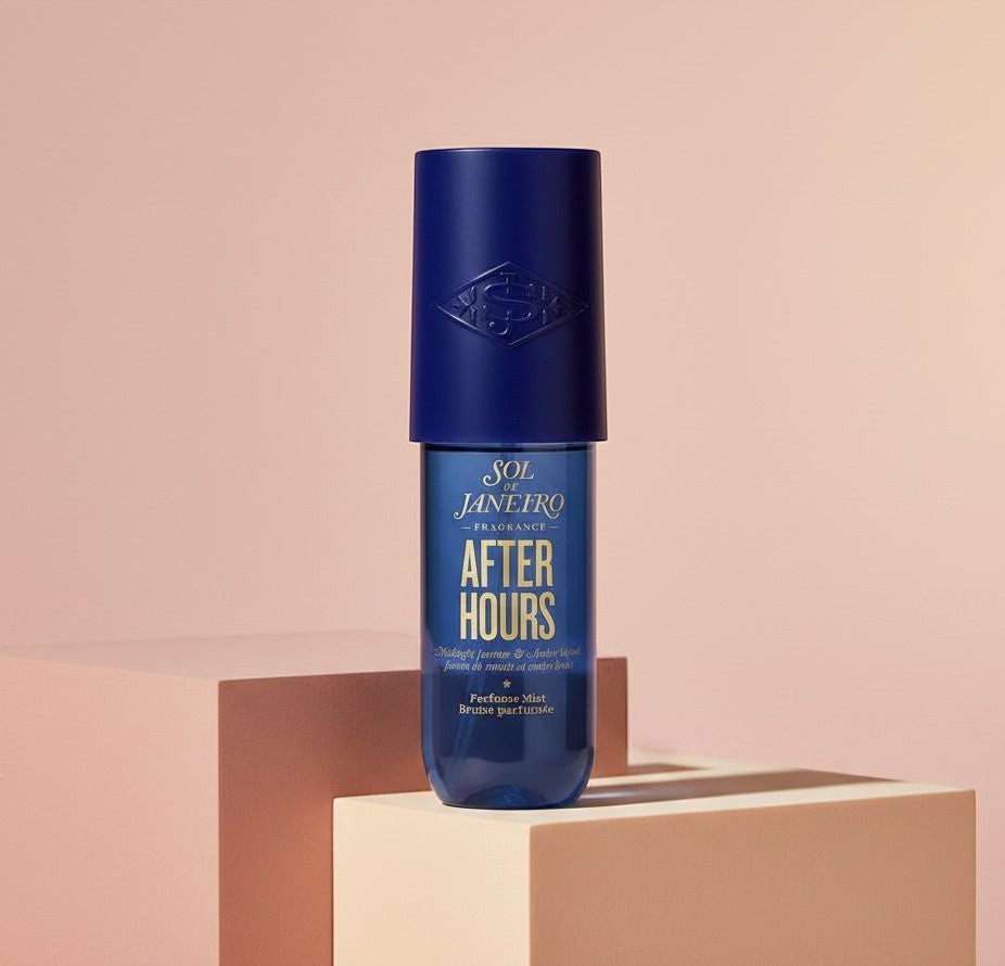My Glam Room Sol De Janeiro After Hours Perfume Mist in a deep blue bottle displayed on minimalist geometric blocks.