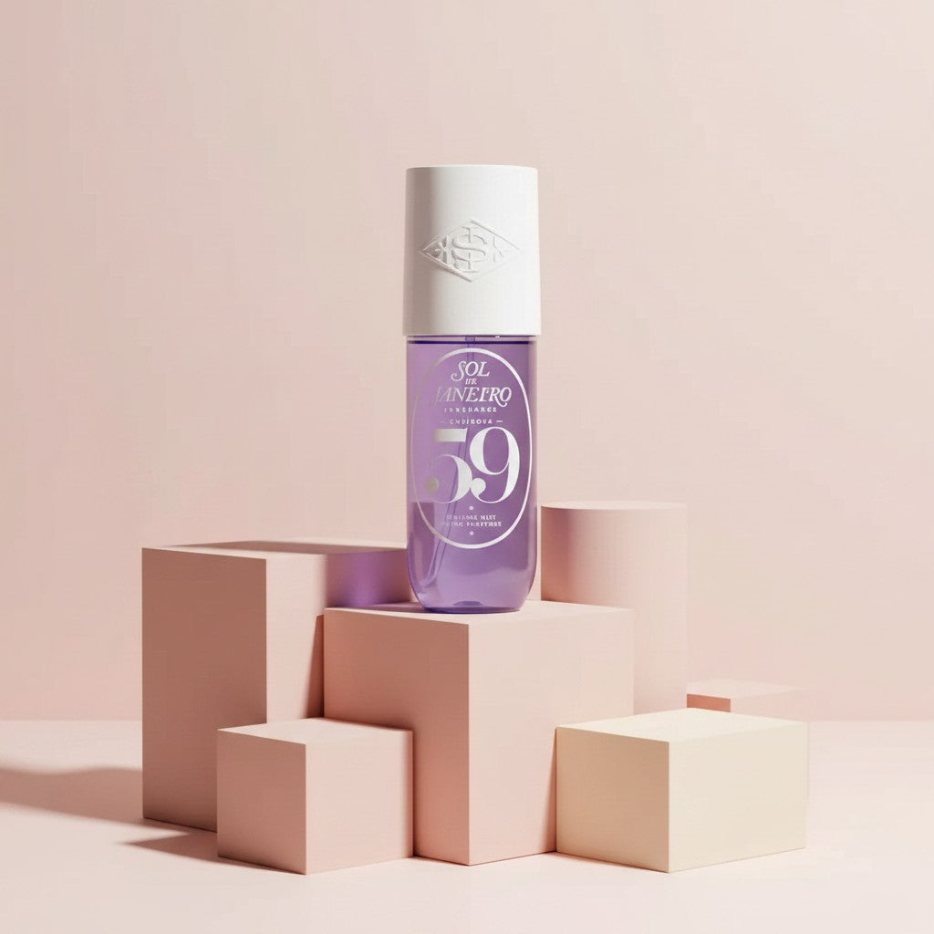 My Glam Room Sol De Janeiro Brazilian Crush Cheirosa 59 perfume mist in a purple bottle on geometric pedestals