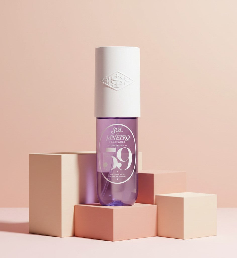 My Glam Room Sol de Janeiro Cheirosa 59 perfume mist in a purple bottle with a white cap on geometric blocks