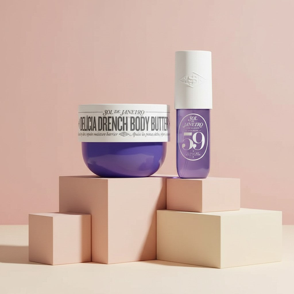 My Glam Room Sol de Janeiro Cheirosa 59 body butter and perfume mist set on pastel geometric blocks