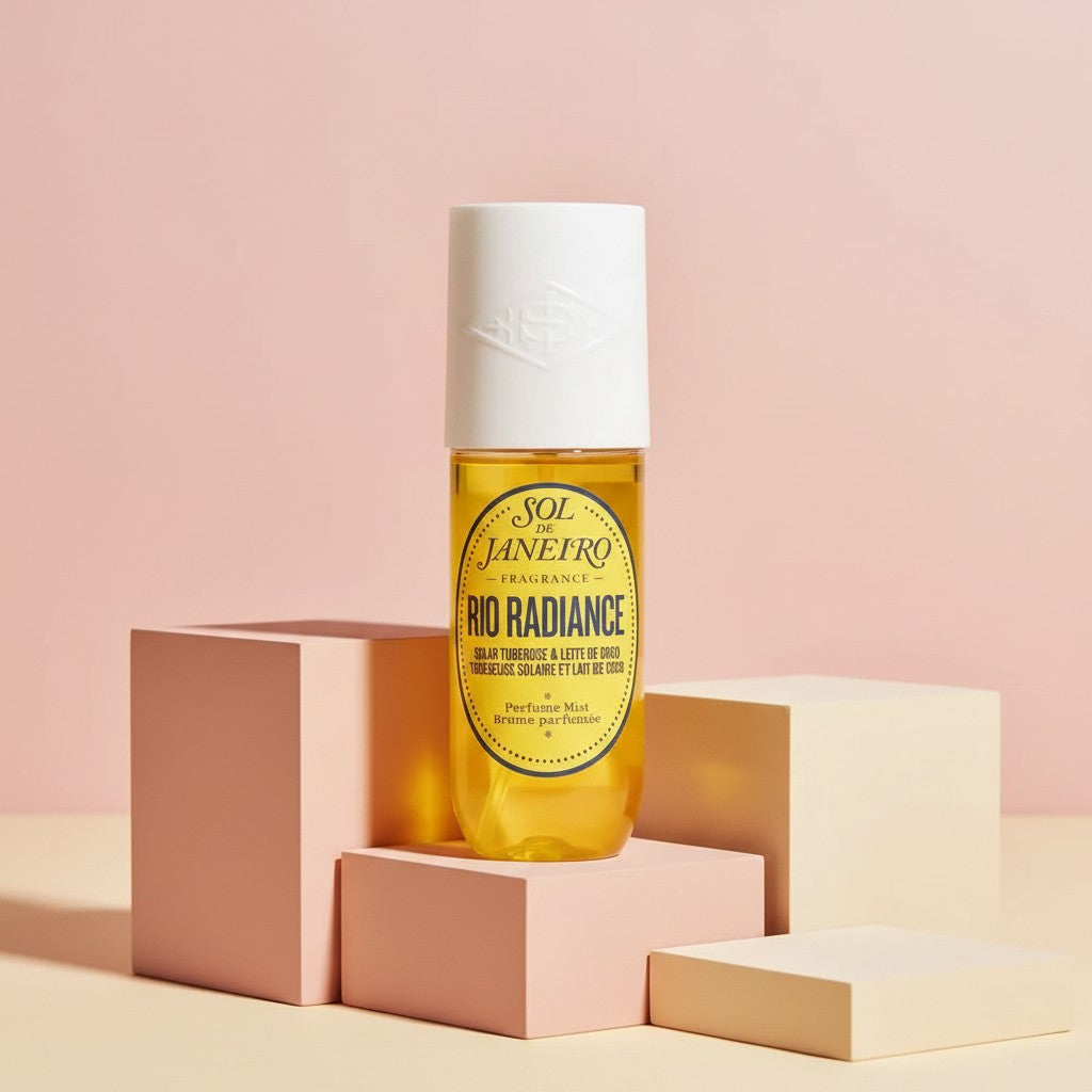 My Glam Room Sol De Janeiro Rio Radiance perfume mist in a 90ml bottle displayed on geometric blocks