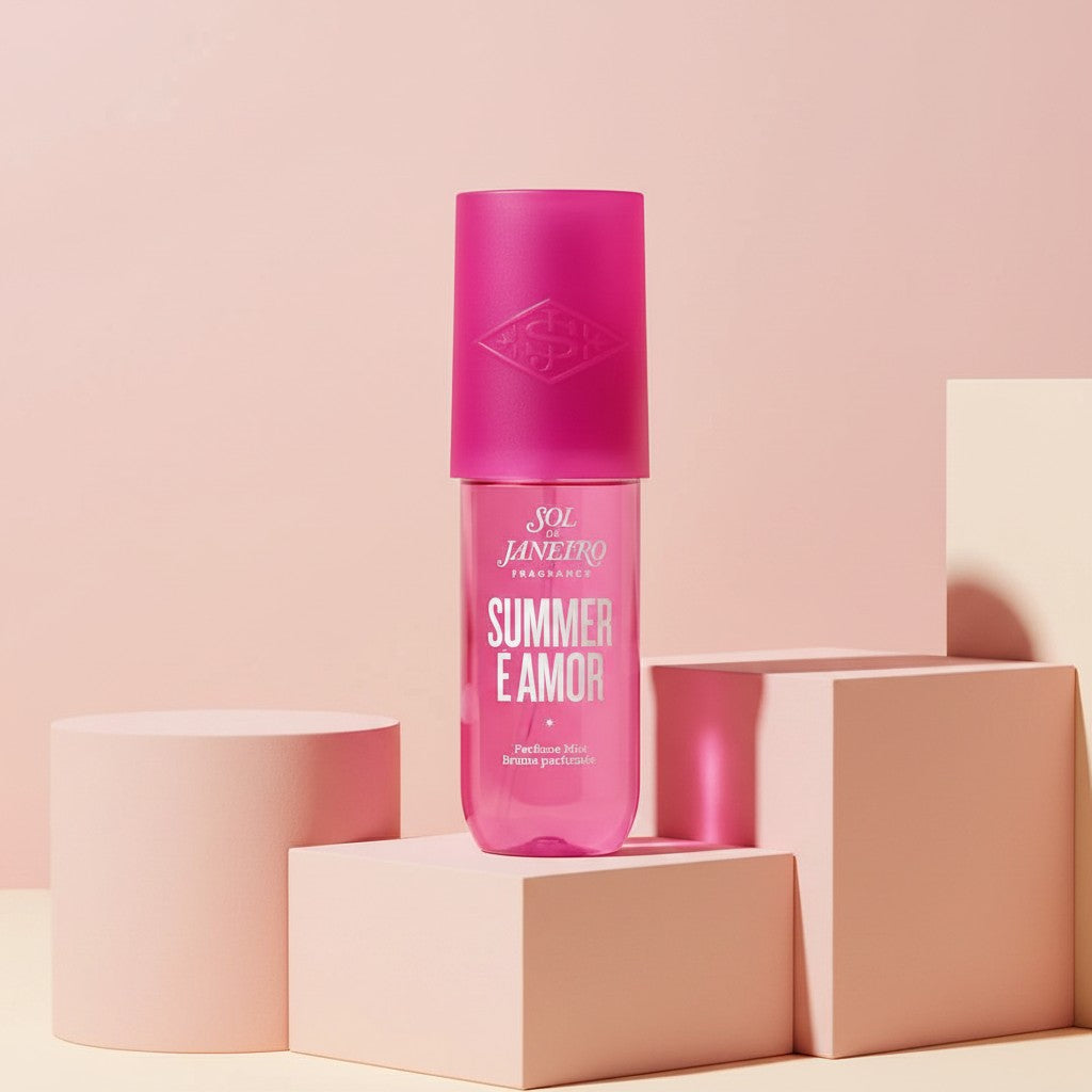 My Glam Room Sol De Janeiro SUMMER E Amor perfume mist in a bright pink bottle displayed on geometric pedestals