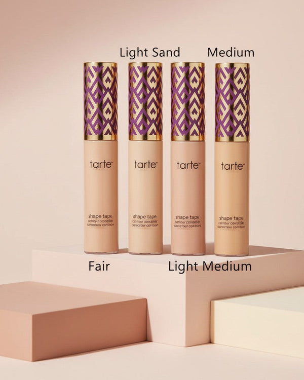 My Glam Room Tarte Shape Tape high performance natural concealer tubes in four different shades on display blocks