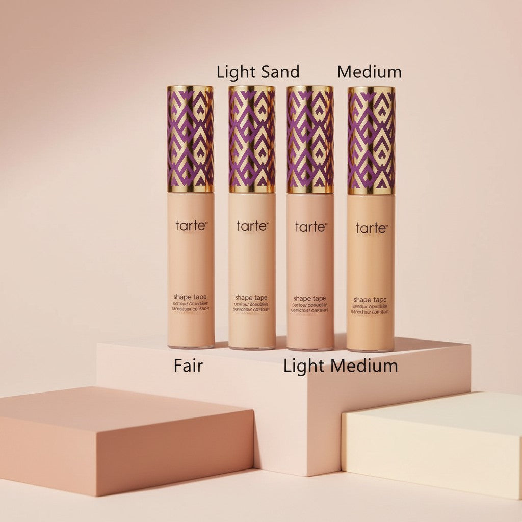 My Glam Room Tarte Shape Tape high performance natural concealer tubes in four different shades on display blocks