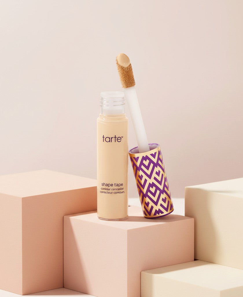 My Glam Room Tarte Shape Tape concealer with applicator wand on a soft pink geometric display block