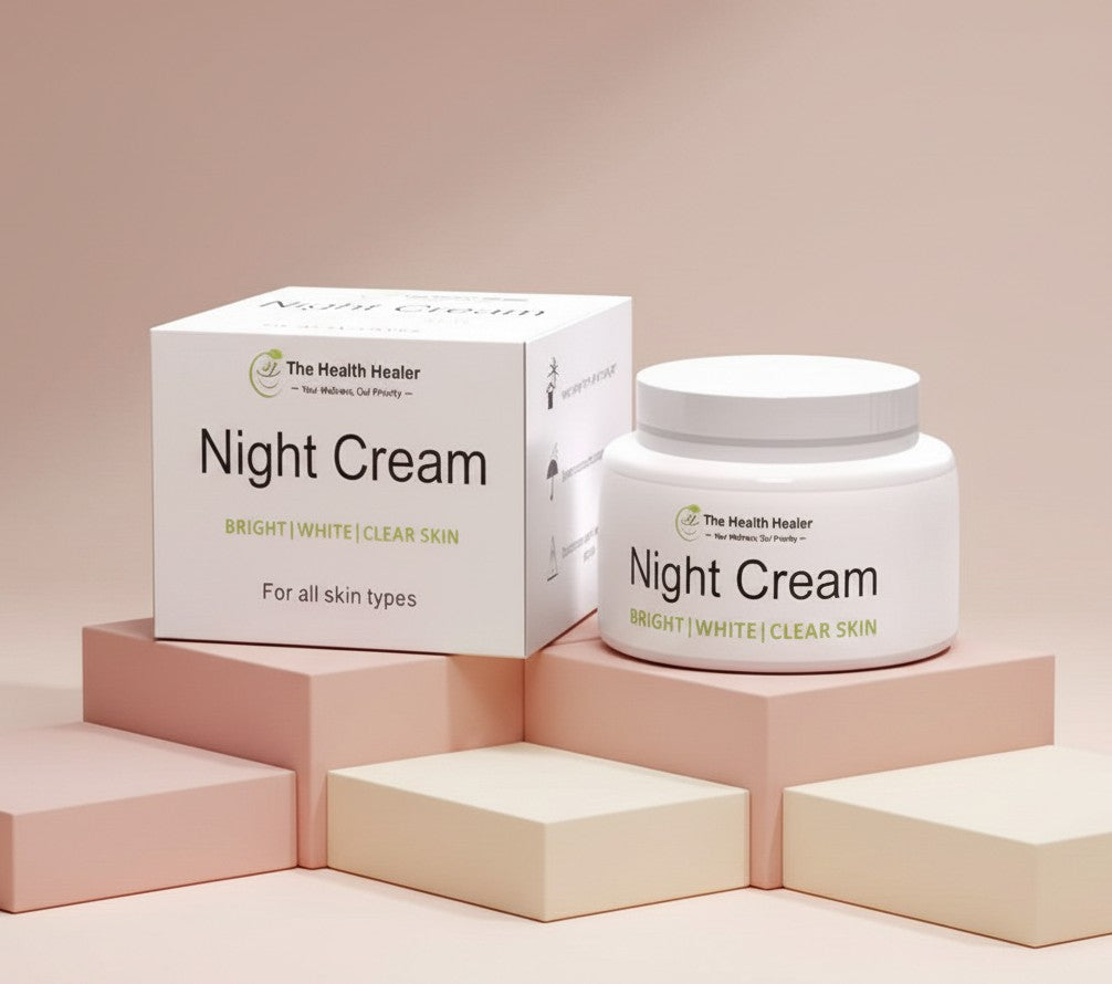 My Glam Room The Health Healer night cream jar and box on geometric pedestals for bright and clear skin