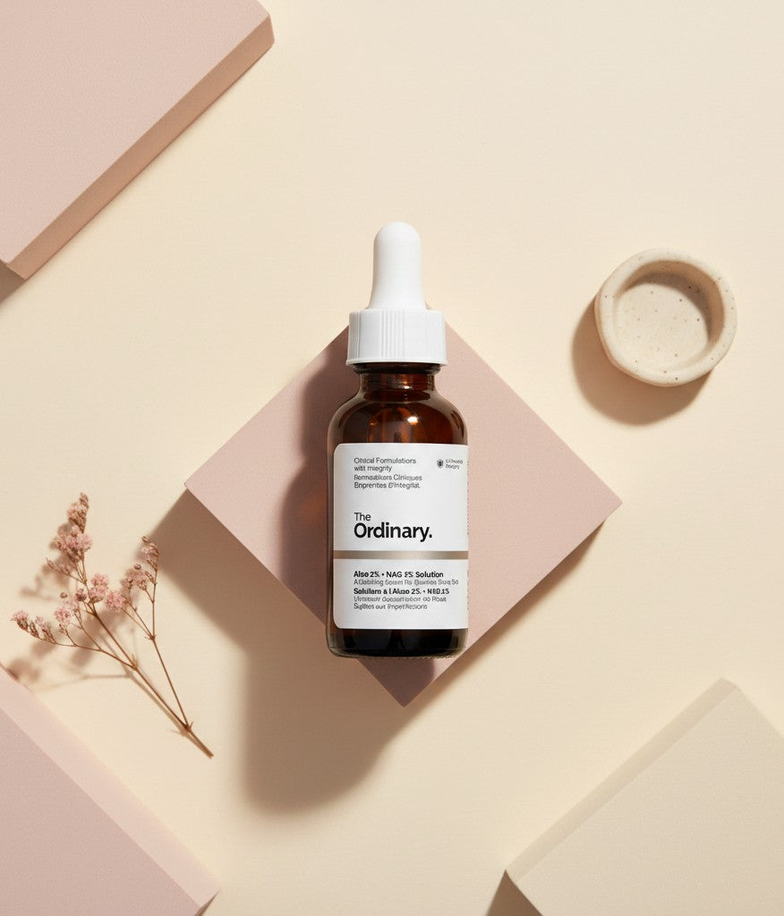My Glam Room The Ordinary Aloe 2% + NAG 2% Solution in a 30ml amber glass dropper bottle on a minimalist beige display