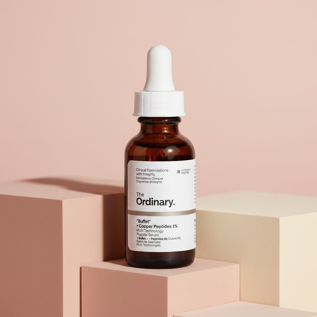 My Glam Room The Ordinary Buffet + Copper Peptides 1% serum in a 30ml amber glass dropper bottle on geometric blocks.