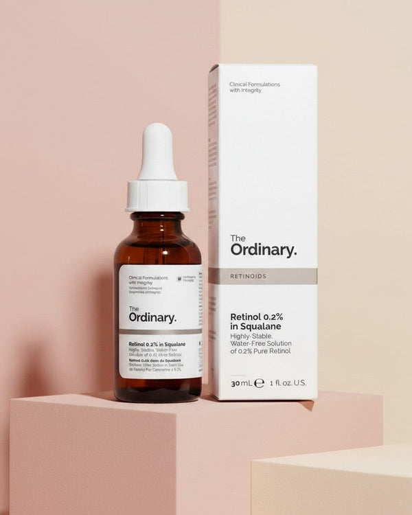 My Glam Room The Ordinary Retinol 0.2% in Squalane serum bottle and box on a minimalist beige pedestal