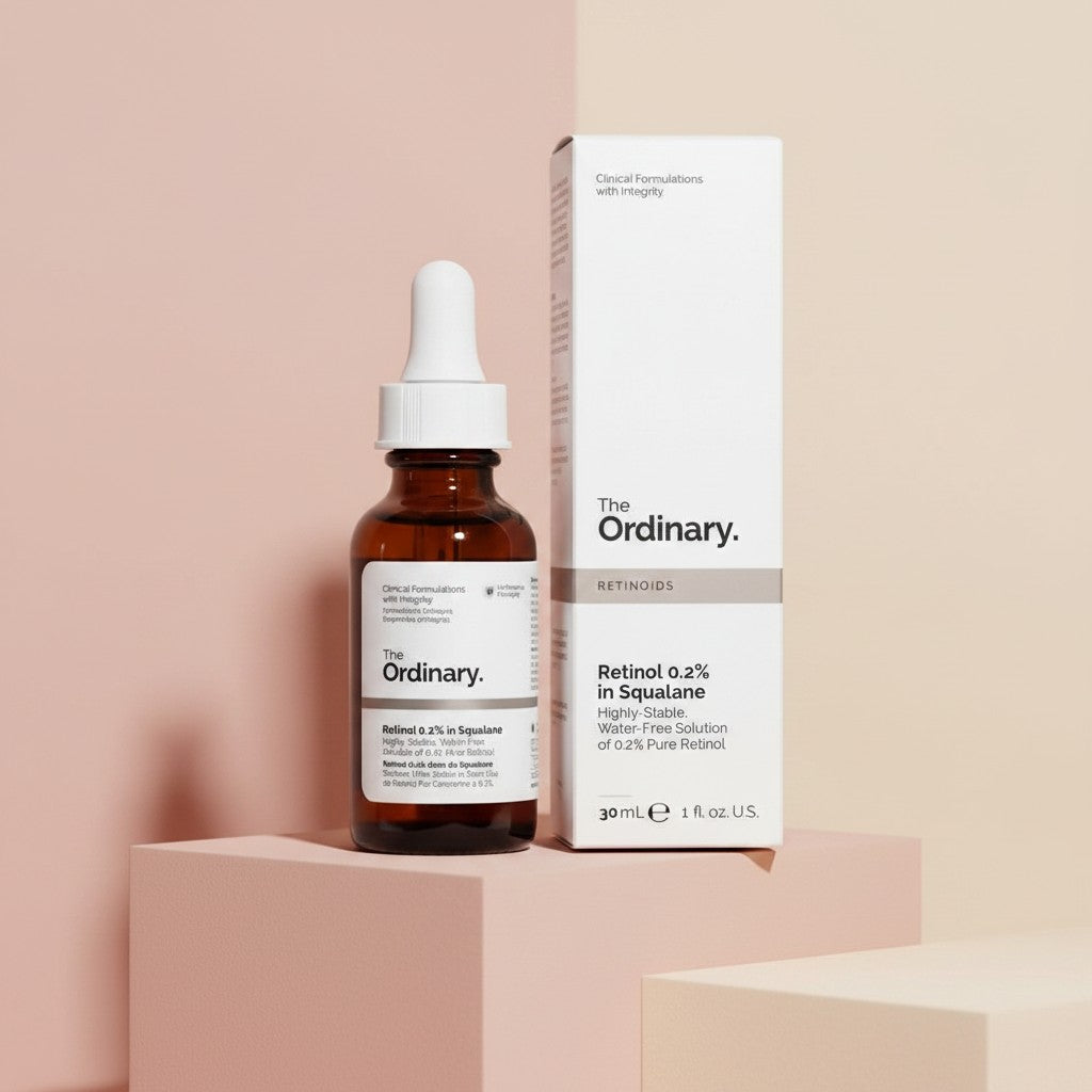 My Glam Room The Ordinary Retinol 0.2% in Squalane serum bottle and box on a minimalist beige pedestal