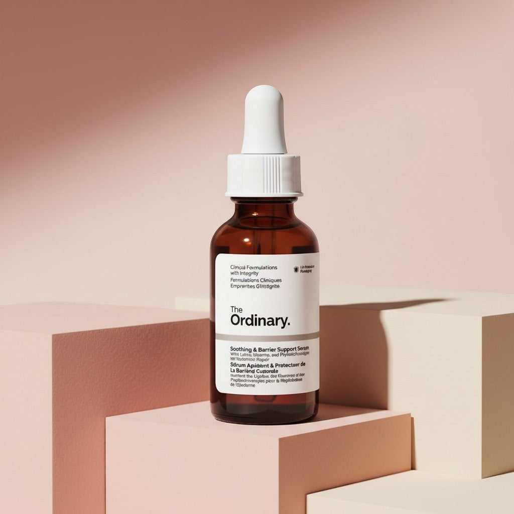 My Glam Room The Ordinary Soothing & Barrier Support pink serum in a brown glass dropper bottle on geometric blocks.