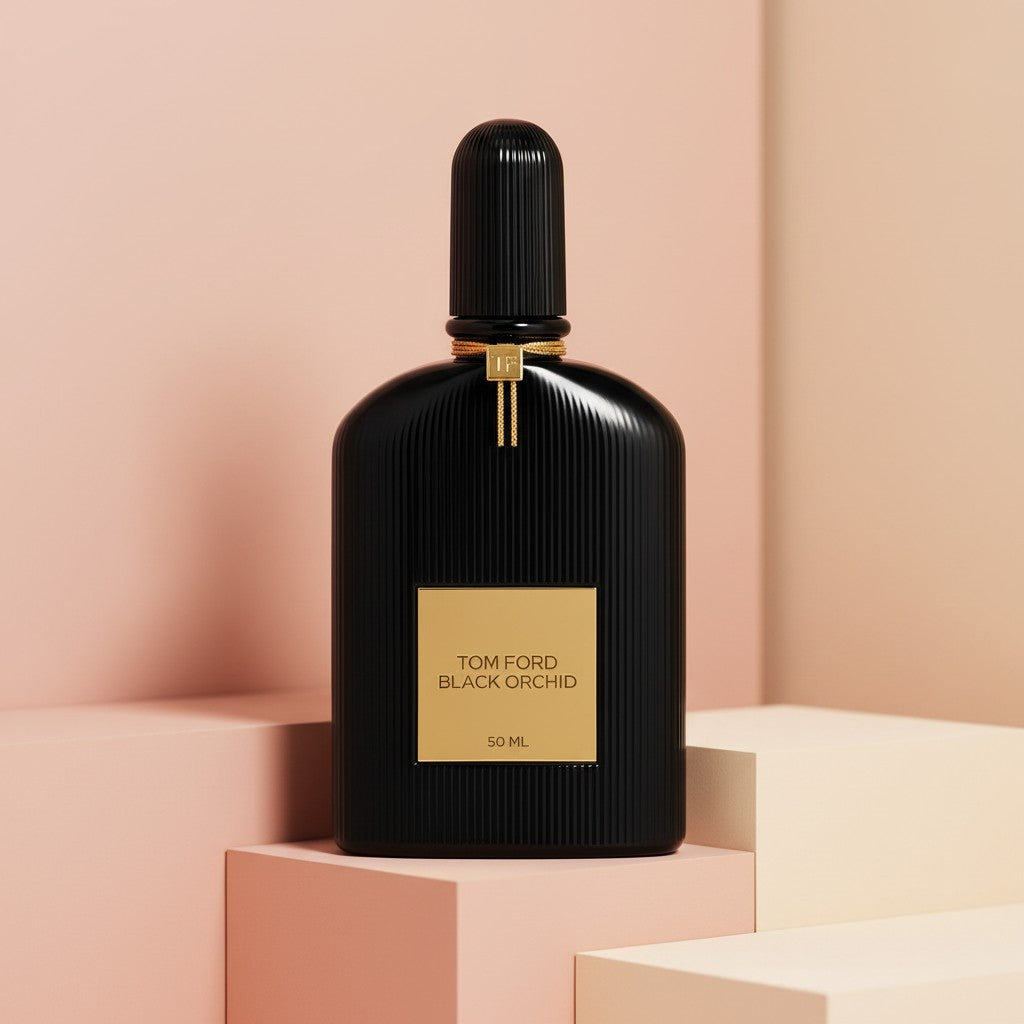 My Glam Room Tom Ford Black Orchid perfume bottle in black glass with gold label on a minimalist geometric display