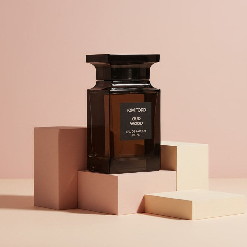 My Glam Room TOM FORD Oud Wood Eau de Parfum 100ml in a dark glass bottle displayed on minimalist geometric blocks