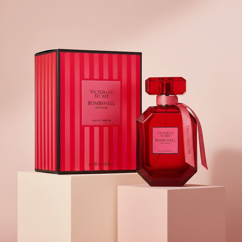 My Glam Room Victoria's Secret Bombshell Intense 100ml perfume bottle and striped red box on a pedestal