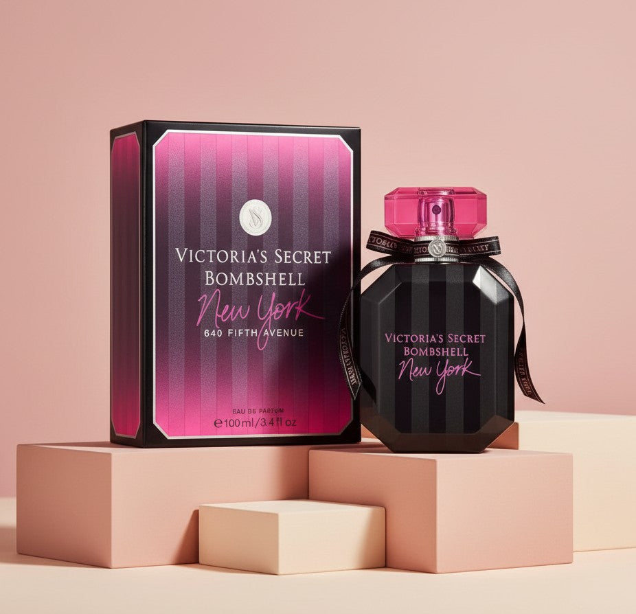My Glam Room Victoria’s Secret Bombshell New York 100ml perfume bottle and box with black and pink striped design