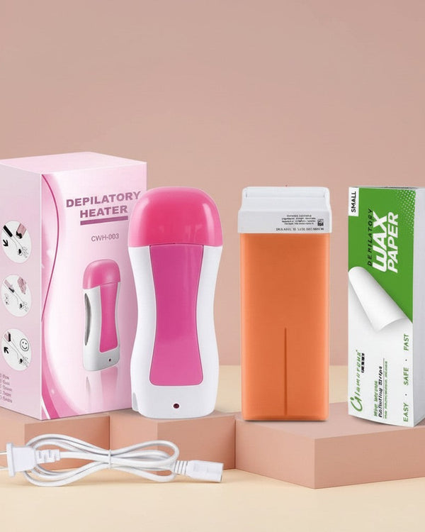 My Glam Room depilatory wax heater machine with pink and white applicator, orange wax cartridge, and paper strips.
