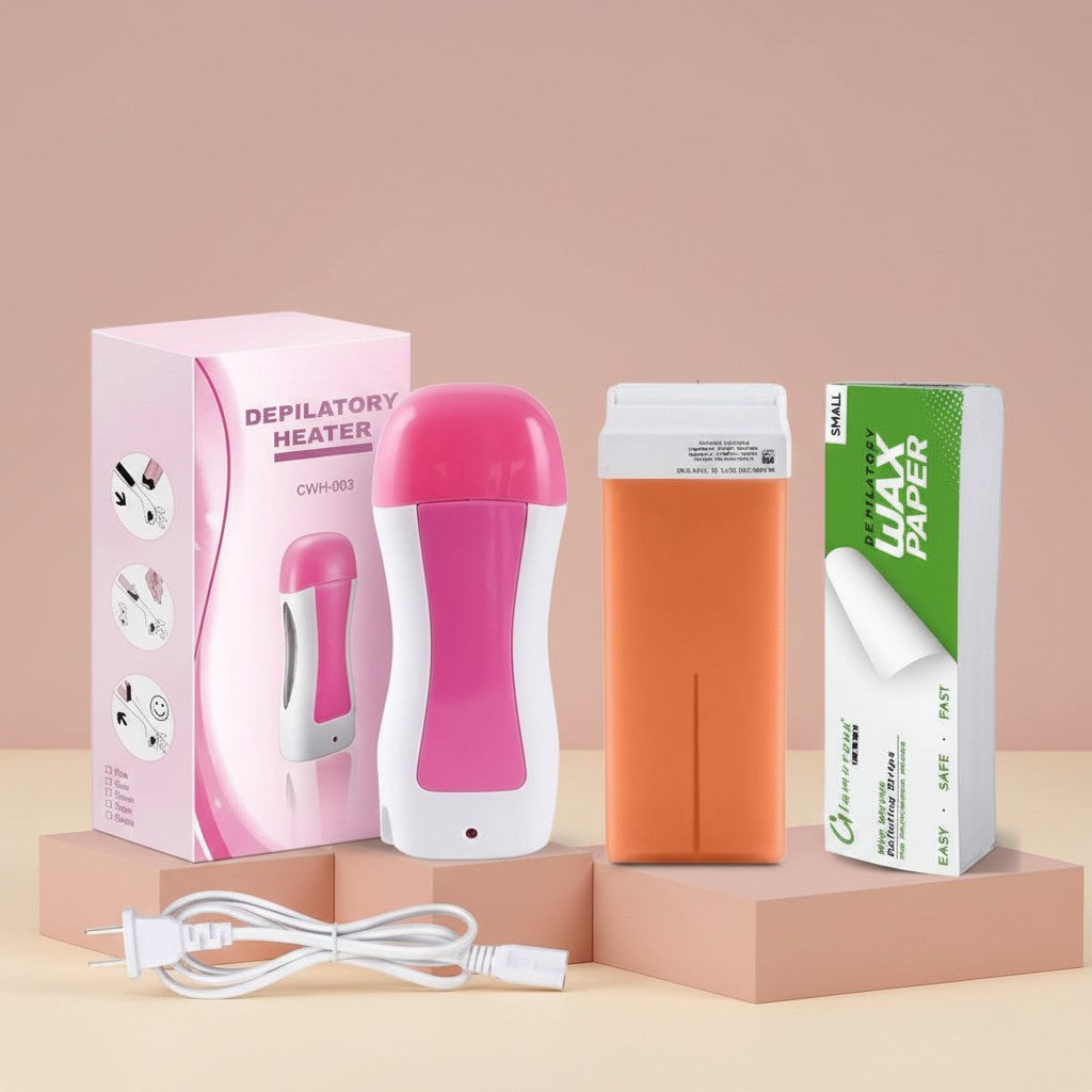My Glam Room depilatory wax heater machine with pink and white applicator, orange wax cartridge, and paper strips.
