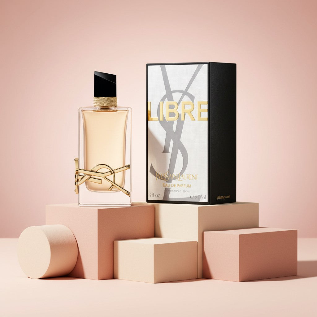 My Glam Room YSL Libre Le Perfume bottle and box displayed on geometric pedestals against a soft pink background.