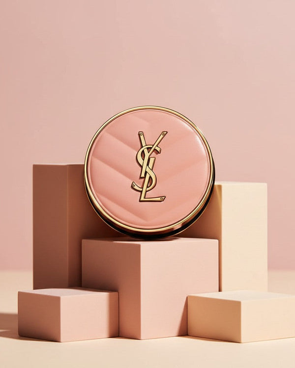 My Glam Room YSL Make Me Blush 24H buildable blurring powder blush in a round pink quilted compact with gold logo.