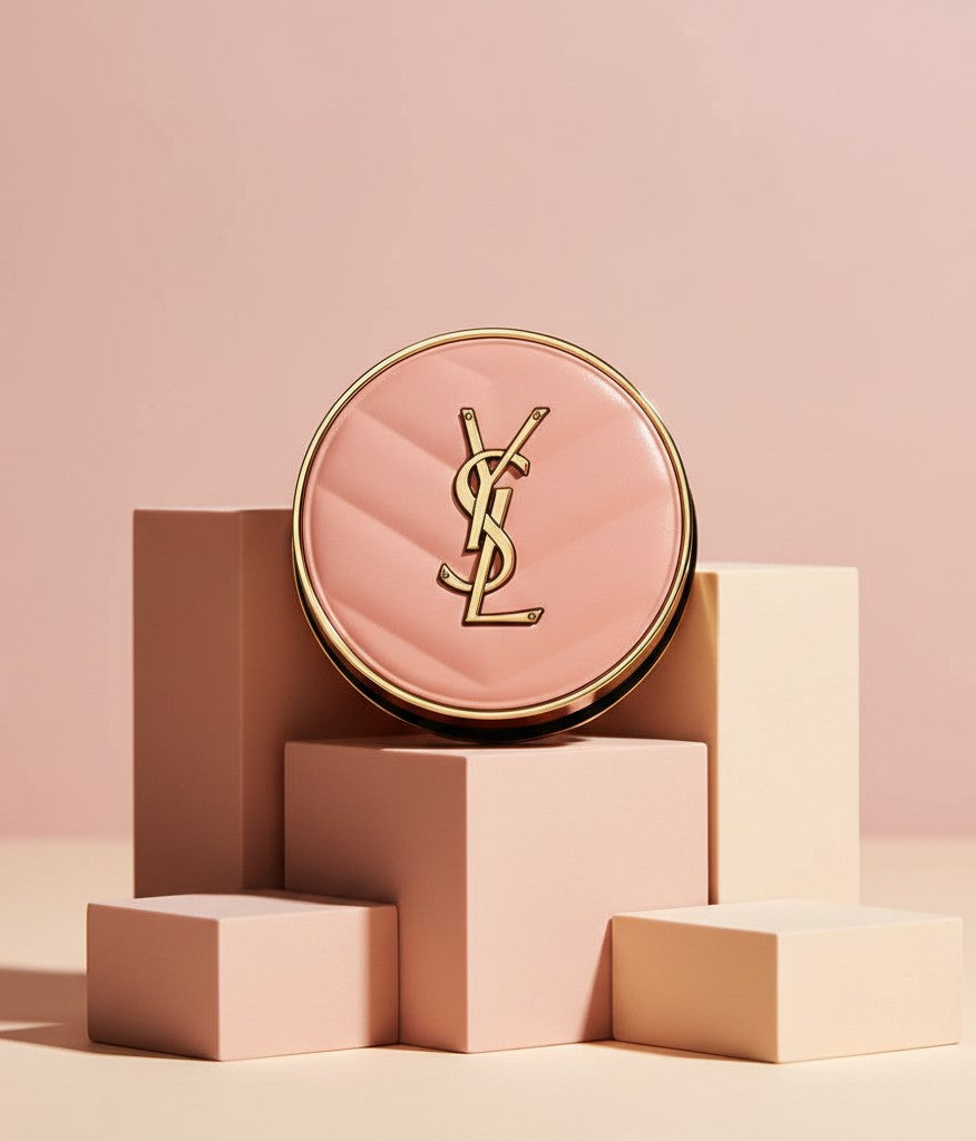 My Glam Room YSL Make Me Blush 24H buildable blurring powder blush in a round pink quilted compact with gold logo.