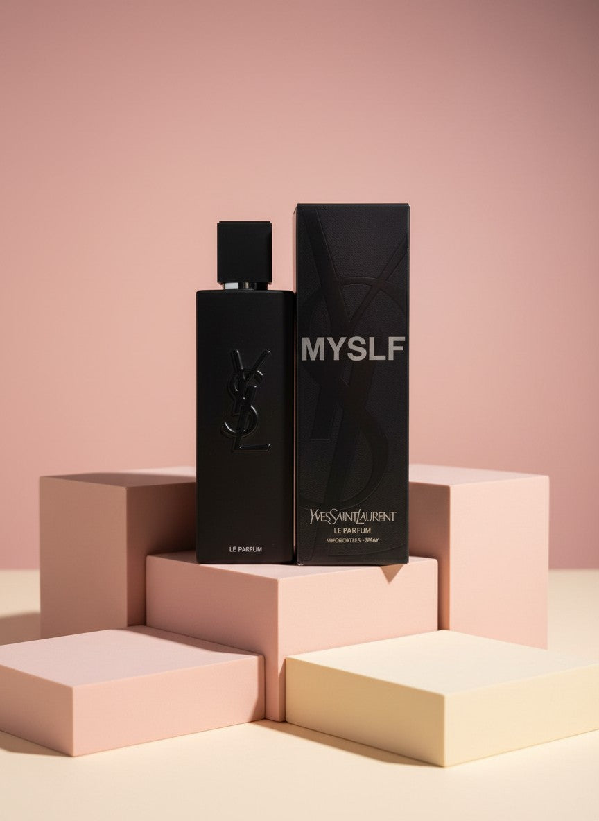 My Glam Room YSL MYSLF Le Parfum for men in a sleek black bottle with matching box on geometric pedestals